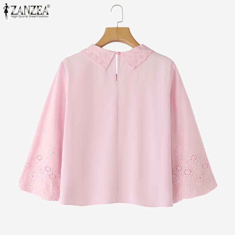 ZANZEA Women Casual Turn Down Collar 3/4 Sleeve Loose Crochet Blouse