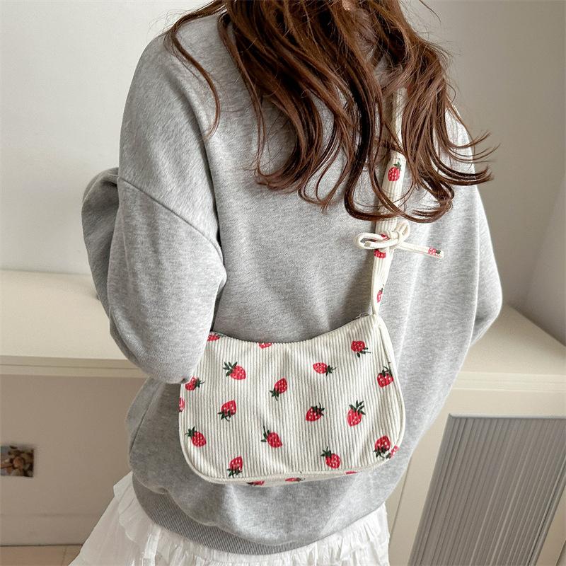 Korean version pleated portable strawberry bag summer new small fresh shoulder underarm bag corduroy soft girl bag