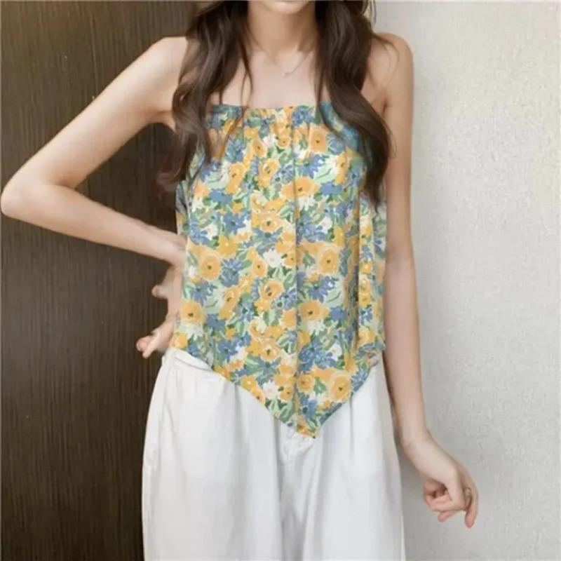 Volný letní styl Vesta s malým popruhem Ženy Vnitřní oblečení Květinový design Trendy Outdoorové oblečení Retro Polyester Délka