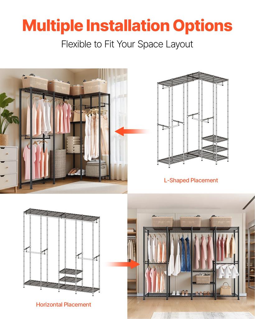 VEVOR Clothing Garment Rack, Heavy Duty Closet Wardrobe, Adjustable Tiers Clothes Racks with Steel Frame
