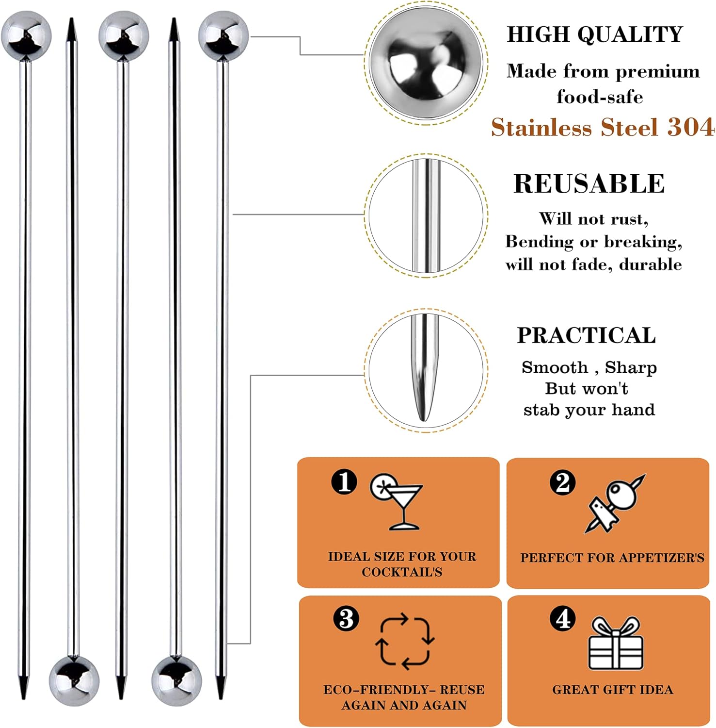 12Pcs Stainless Steel Cocktail Picks Bar Tools Drink Stirring Sticks Drinks Decoration Reusable Fruit Sticks Cocktail Picks argento