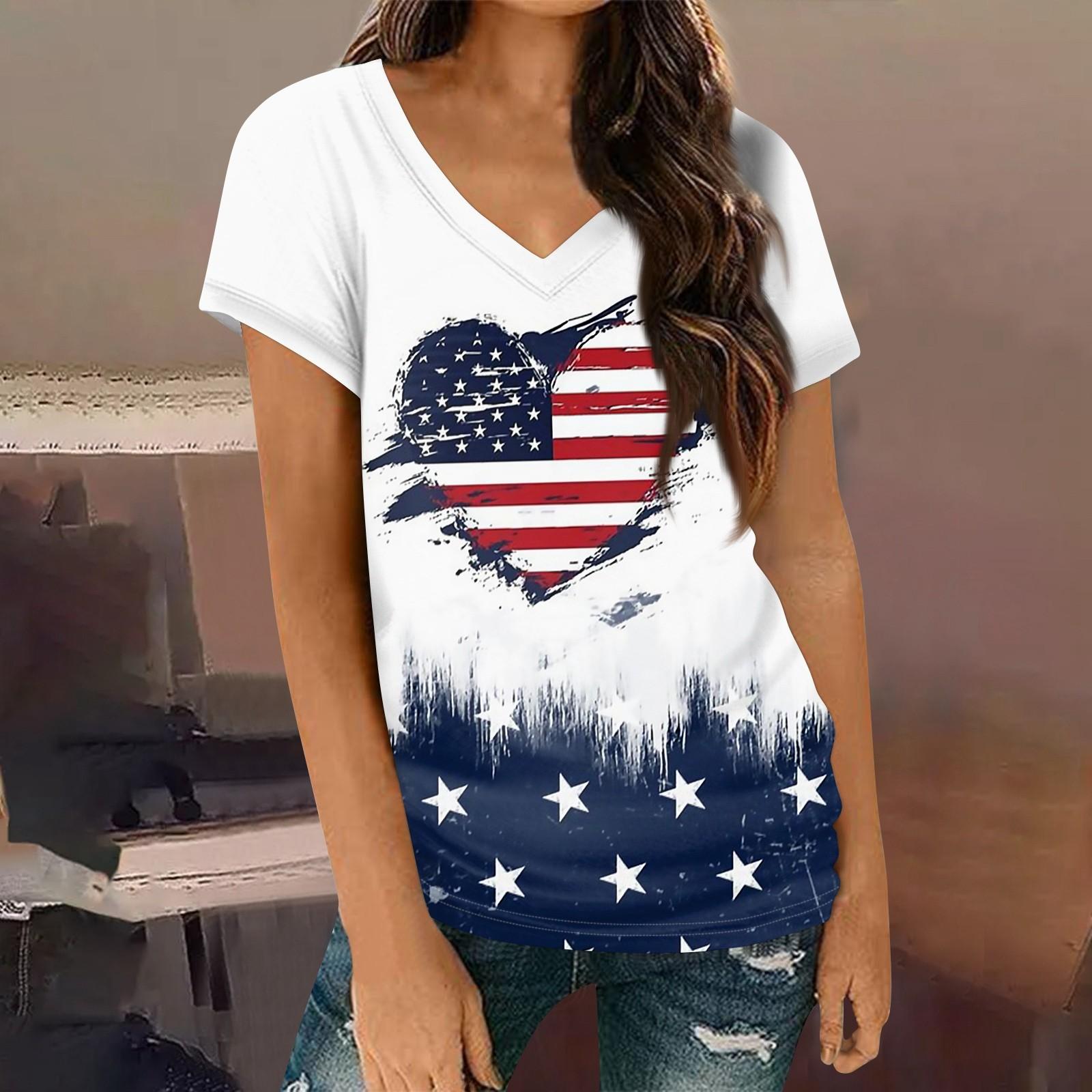 

Женские футболки с v-образным вырезом, топы с короткими рукавами, модные повседневные футболки с принтом ко Дню независимости L синий
