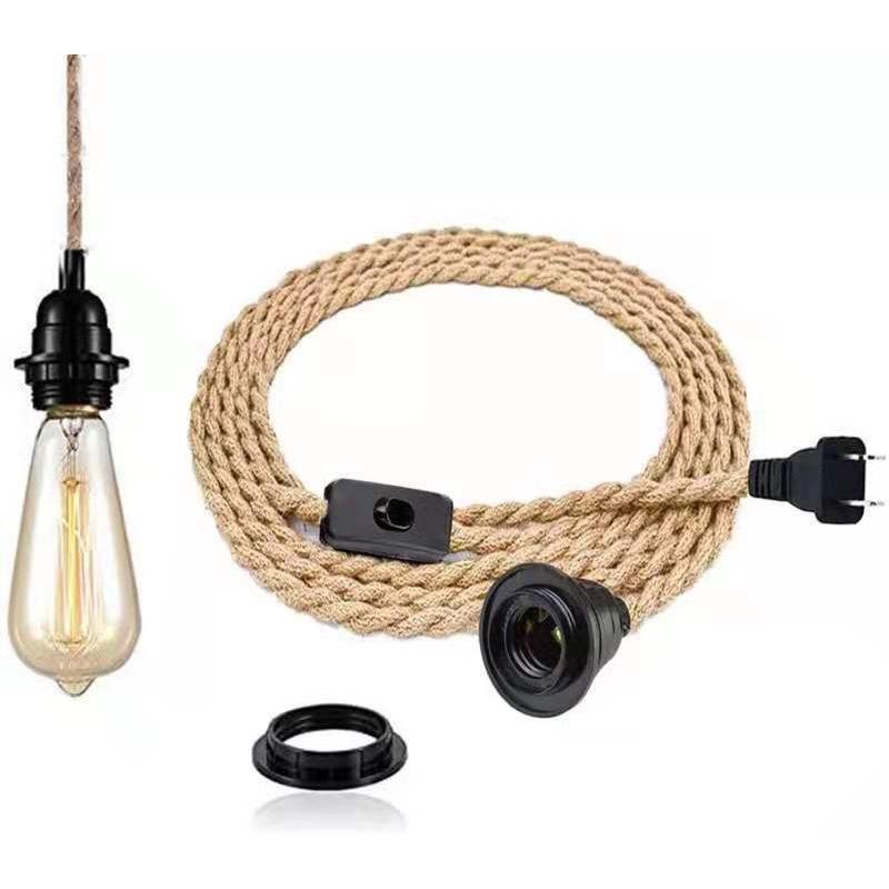 Retro E27 Lampholder with Hemp Rope Power Cord & Plug Switch