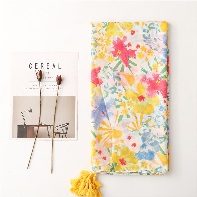 Luxury Viscose Scarf Women Ventilate Designer Shawl Cotton Linen Tassel Pashmina Muslim Hijab Wrap Floral Foulard