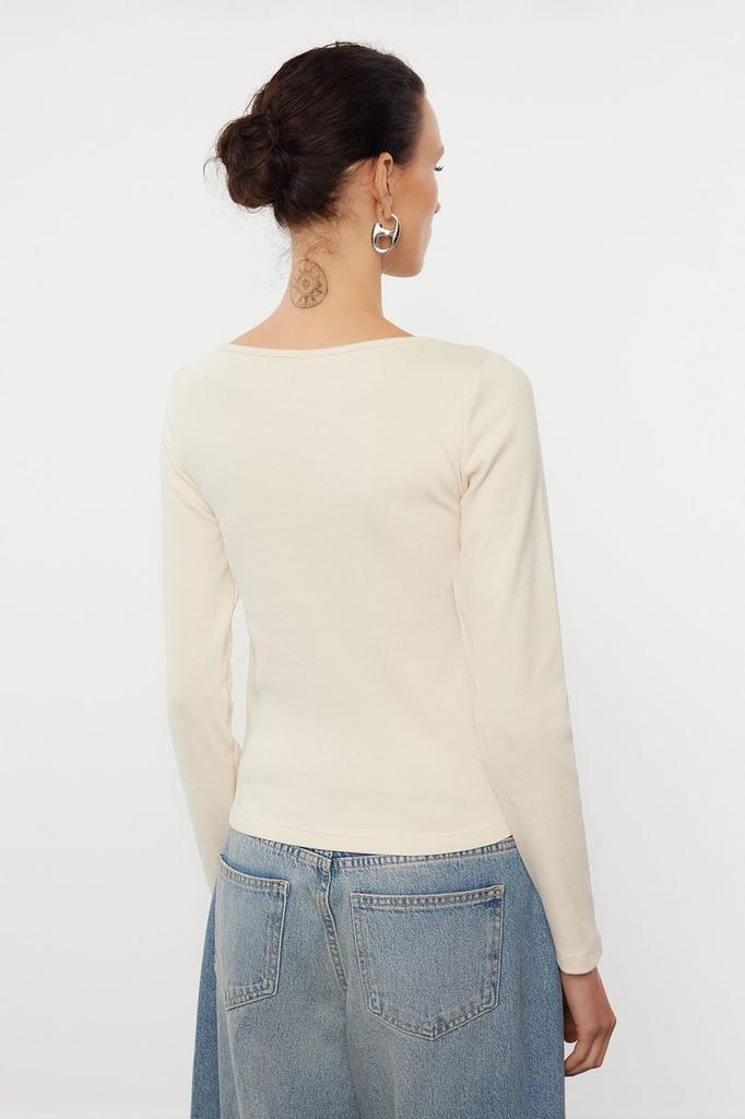 Women's Fashion Black Button Detailed Crew Neck Ribbed Flexible Regular Length Knitted Blouse