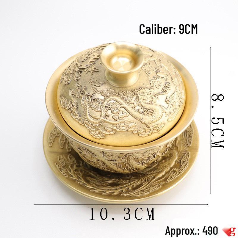 Латунный чайный набор «Дракон и Феникс»: Трехпредметный медный набор для гостиной или офиса - Классический металлический подарок