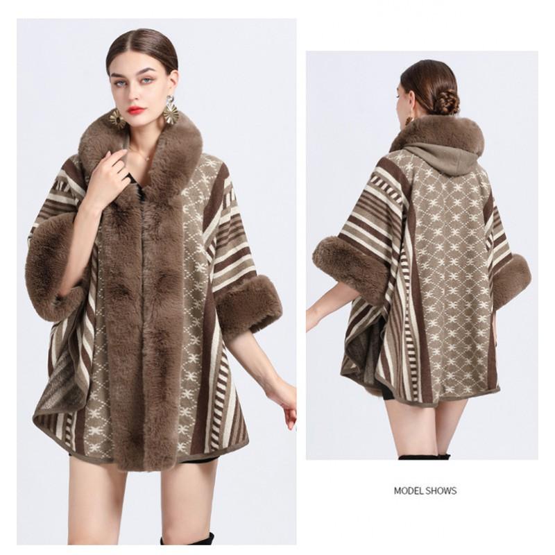 Womens Oversized Wool Blend Coat With Faux Rabbit Fur Collar Jacquard Knit Cape Cardigan Winter Plus Size