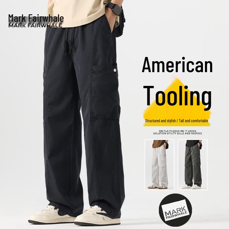 MARK FAIRWHALE Men s Casual Multi-pocket Drawstring Straight Cargo Pants 3XL чёрный