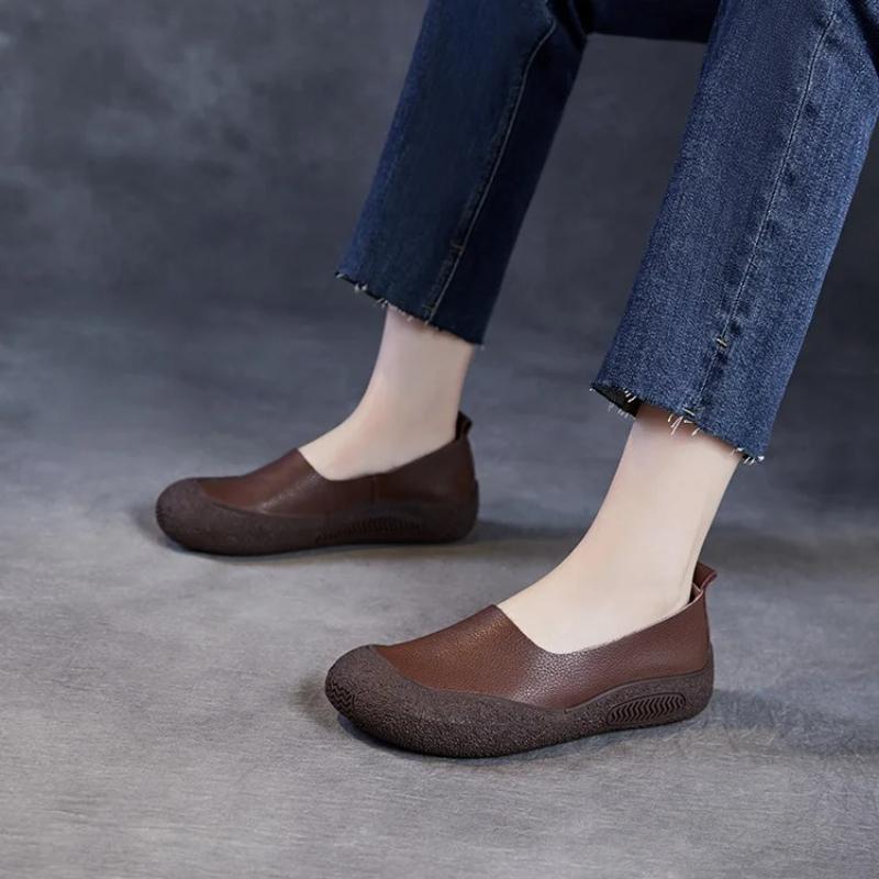Johnature Retro Genuine Leather Shallow Flats Cowhide Comfortable Soft Soled Women's Slip-on Shoes