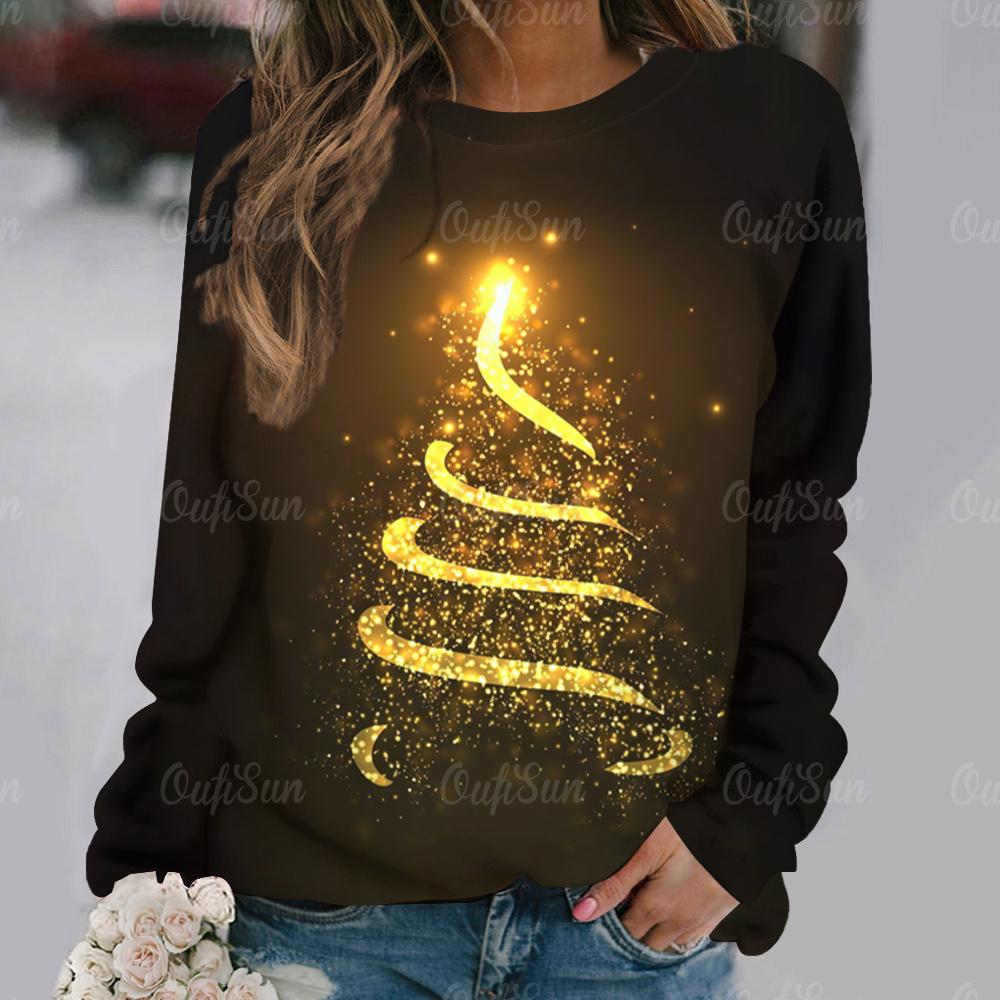 Christmas Tree Printed Women's T-Shirt Holiday Clothing For Ladies Autumn O-neck Loose Long Sleeve Tops Female Harajuku Pullover