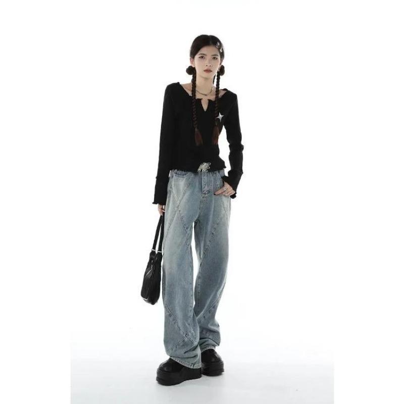 2KWEIRD Y2K Gothic Black Crop Tops Women Harajuku Grunge Graphic T Shirts Vintage V-neck Slim Long Sleeve Tees Kpop Aesthetic