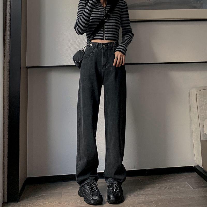 

Women s High-Waist Wide-Leg Black-Gray Jeans: Multi-Button, Adjustable, Loose Straight Fit, Drape Floor-Length Pants for Pear Shape. XS