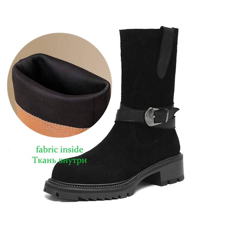 Krazing Pot Fashion Cow Suede Nubuck Winter Round Toe Modern Boots Med Heels Zipper Metal Buckle Mid-calf Boots