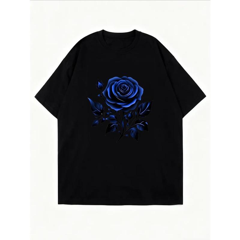 White Crew Neck T Shirt With Blue Rose Print For Casual Wear