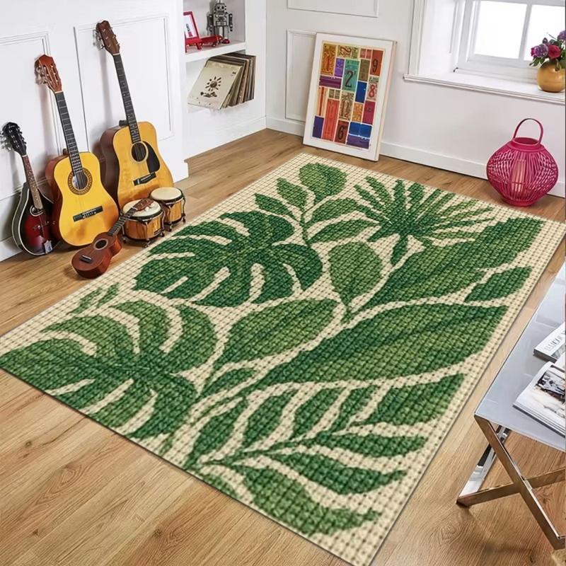 Green Tropical Leaves Area Rug, Non Slip Washable Floor Mat Decorative Plant Themed Carpet for Living Room Bedroom Minimalist