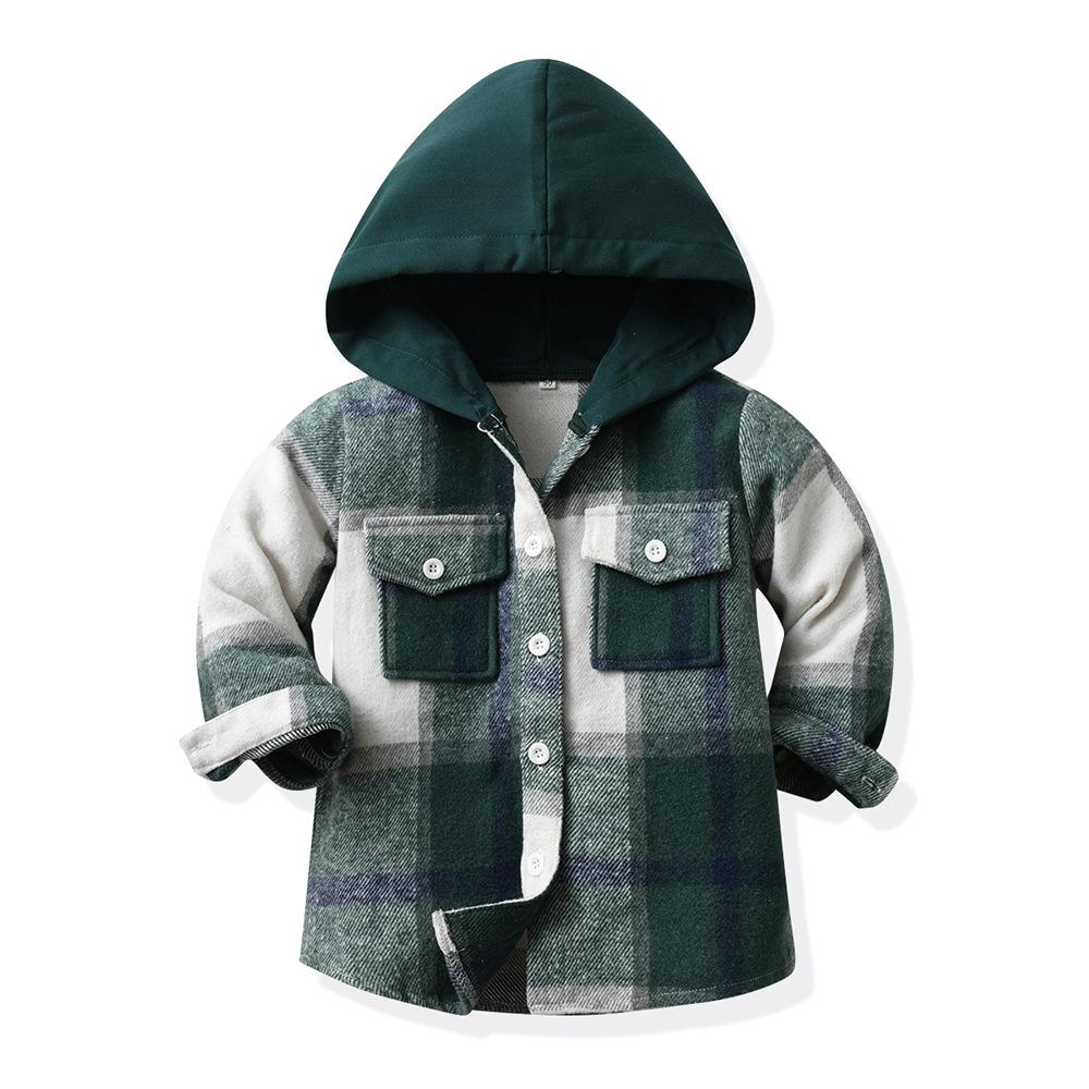 Children's Autumn Winter Plaid Fleece Hooded Long Sleeve Jacket, Casual Fashion Unisex Versatile Top for Older Kids