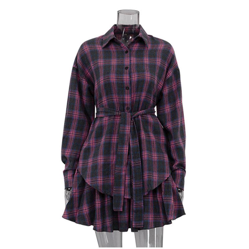 

Свободная клетчатая рубашка с длинным рукавом и полуюбка, универсальный женский комплект с отложным воротником и широким поясом, весна 2025 г. L розовый