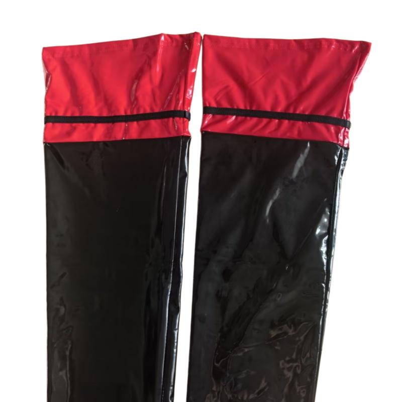 Red Black Patchwork Open Foot Stockings Night Club Stage Dance Oil Glossy Long Stockings Ladies Thigh High Faux Leather Hosiery