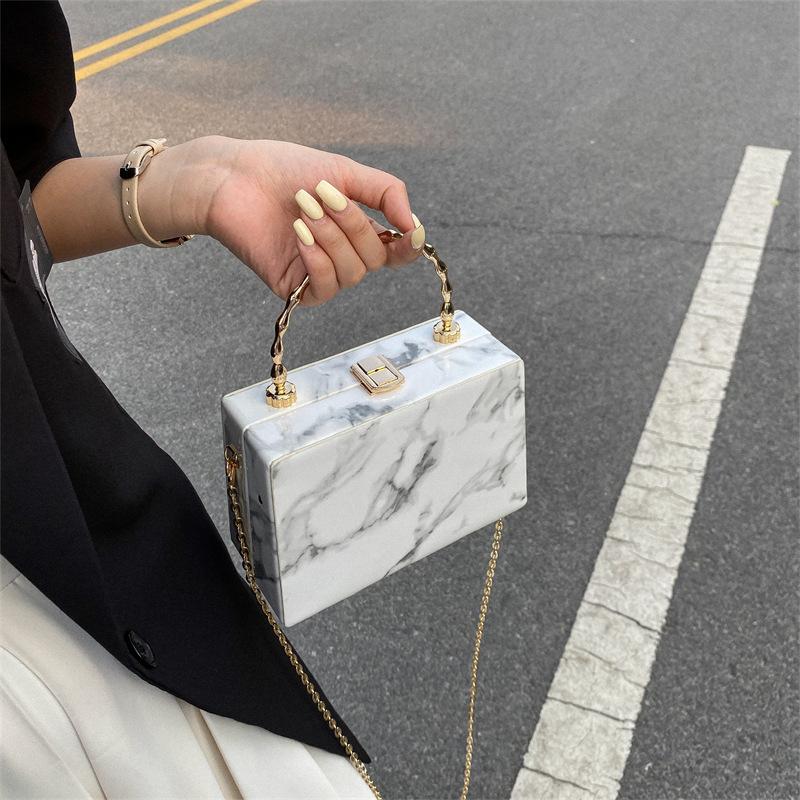 Women Acrylic Box Shoulder Bag Fashion Marble Pattern Chain Bag Women's  Matal Hadle Clutch Evening Bag