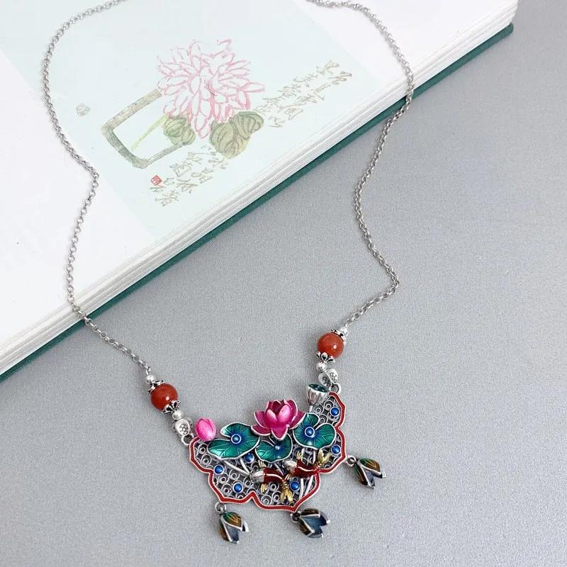 Fresh Classical Colored Enamel Lotus Leaf and Flower Tassel Necklace Pendant for Women Clavicle Chain Jewelry
