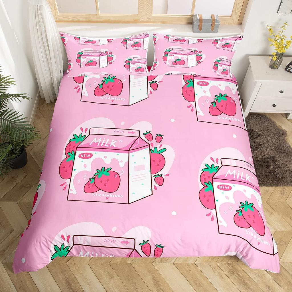 Strawberry Duvet Cover Full Size Comforter Cover Cute Strawberry Pattern Pink Decor Bedding Set for Kids Boys Girls Adults 3Pcs
