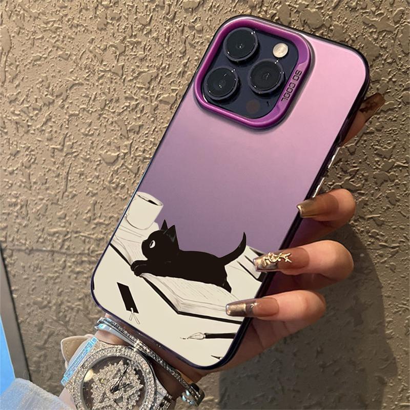 Cute Black Cat Pattern Electroplate Silver Phone Case For iPhone 16 Pro Max 15 Pro 14 13 12 11 7 8 Plus X XS XR Shockproof Cover