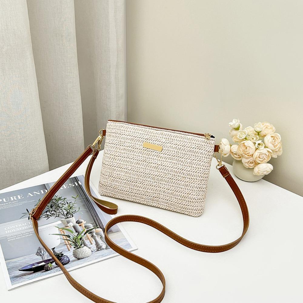 Fashion Hand-woven Straw Crossbody Bag Casual Large Capacity Beach Clutch Simple with Shoulder Strap Mobile Phone Bag Summer