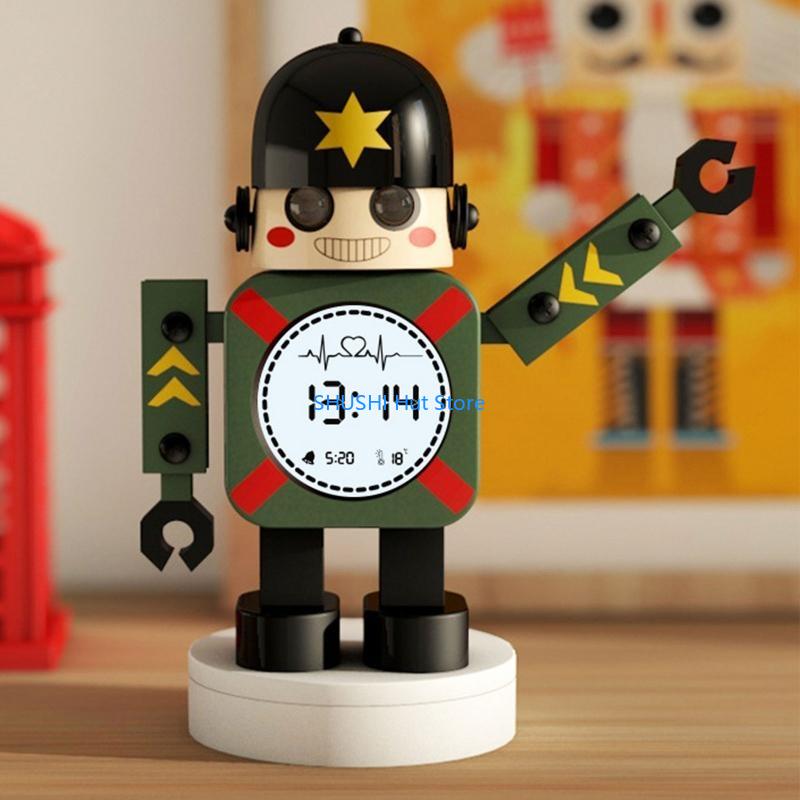 Cartoon Robot Alarm Clock Metal Wake-up Clocks with Flashing Eye Lights Desktop Ornament Children Christmas Gift D57B