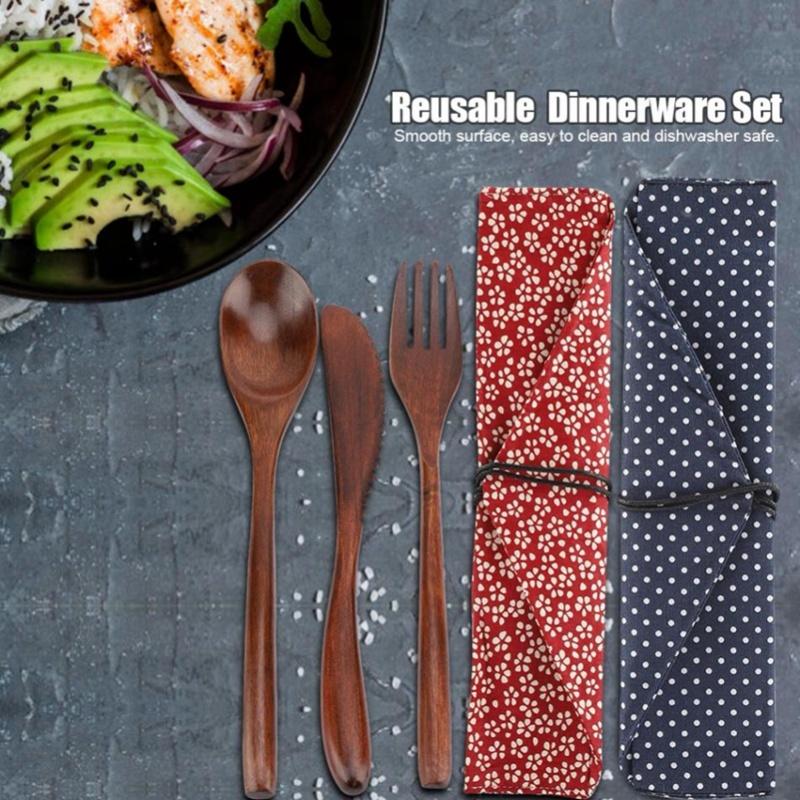 3Set Tableware Wooden Fork Spoon Knife Kit Kitchen Cutlery For Home Cafe Restaurant