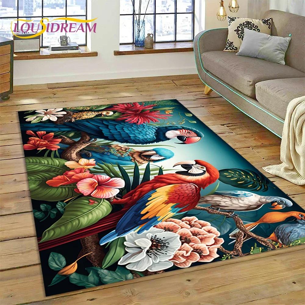 Niedlicher Teppich mit Traumvögeln, Papagei, Pfau, Cartoon-Motiv, für Schlafzimmer, Wohnzimmer, Zuhause, Sofa-Dekoration, Kinderspiel, große Deko-Bodenmatte