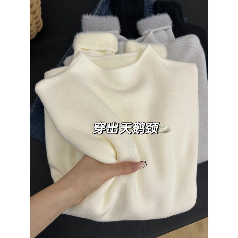 Soft waxy semi-turtleneck sweater women's spring slim-fit pullover knitted inside with integrated thick velvet bottoming shirt, top tide
