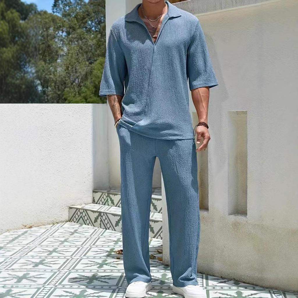 2025 Spring Men's Solid Color Casual Two-Piece Set: Short Sleeve Shirt & Long Pants