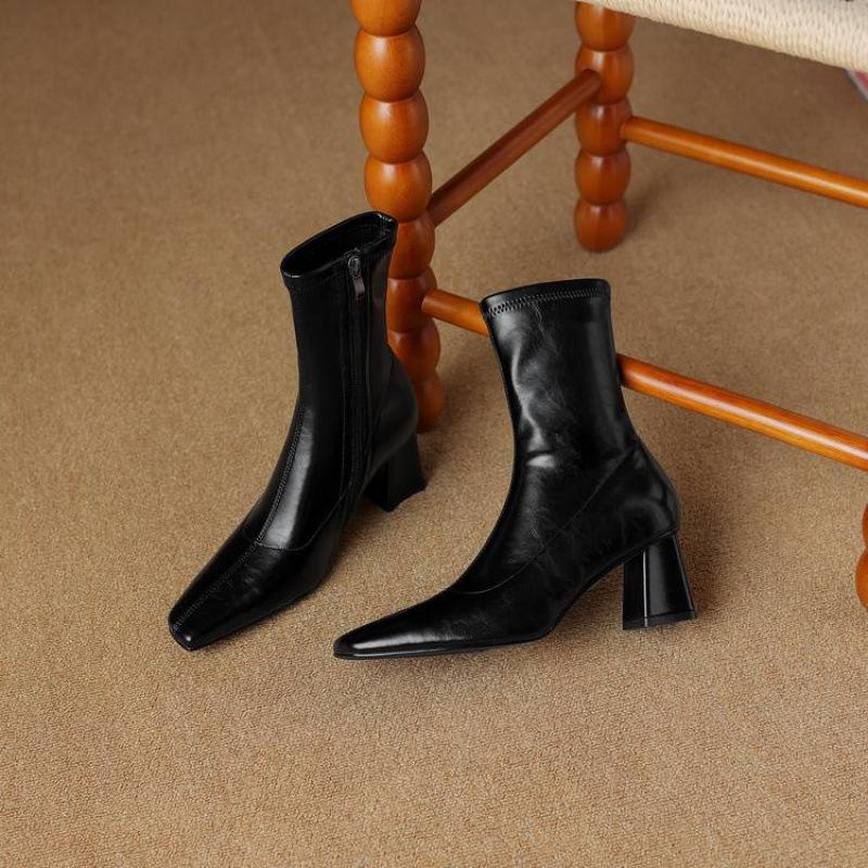 New Women's Versatile Solid Color High Heel Women's Boots Coarse Heel Comfortable Zipper Square Head Knight Boots Autumn and Winter Medium Boots Wome