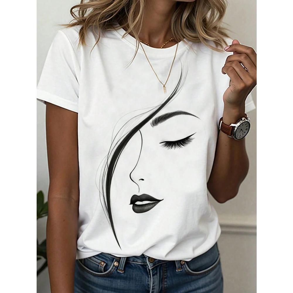 Abstract Face Gradient Color Print T-Shirts Women's Casual Short Sleeve O-Neck Tees Harajuku Y2K Tops Female Clothing
