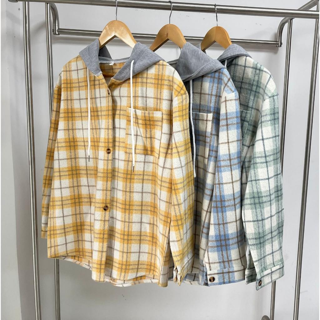 Fall Winter Women's Plaid Color Block Hooded Long Sleeve Loose Wool Coat