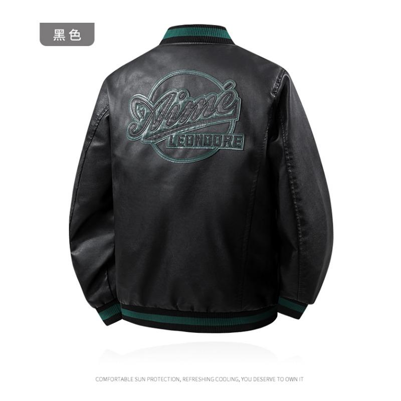 Men's Round Neck Long Sleeve Pu Leather Zipper Pocket Cardigan Jacket Fashionable Casual Commuting Letter Print Top