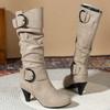 Side Zip Block Heel Heels New Pointed Toe Scrub Fleece Belt Buckle Non-Slip Wear-Resistant Knee Boots