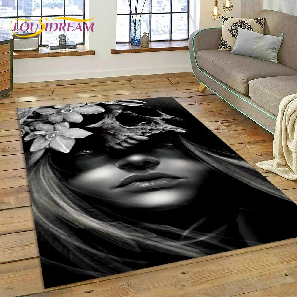 Totenkopf Totes Mädchen 3D Gothic Horror Weiblich Rose Teppich für Wohnzimmer Schlafzimmer Dekoration, Rutschfeste Dekoration für Sofa Fußmatte Geschenk