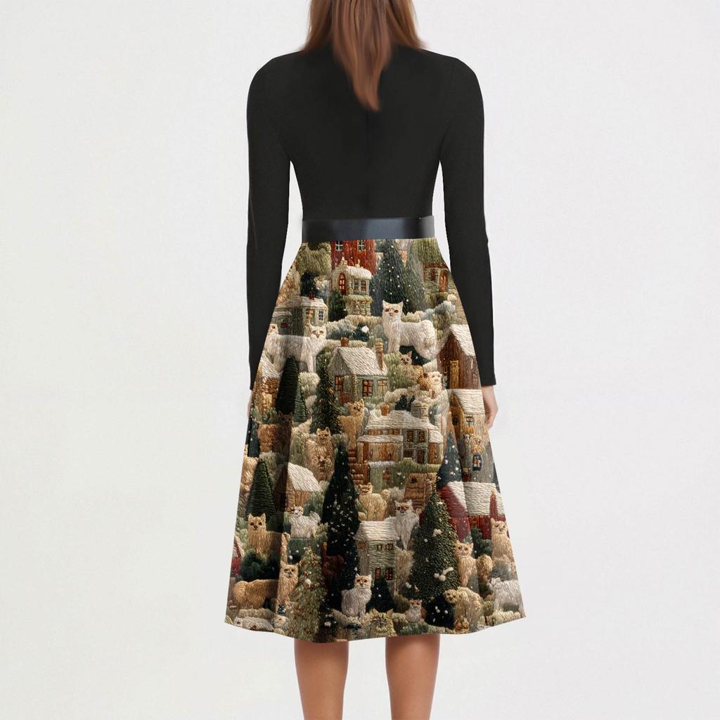 Women's Fashion Round Neck Slim-Fit Christmas Print Long-Sleeved Dress