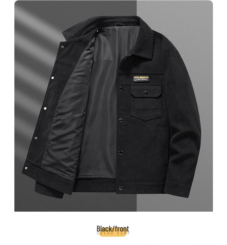 Men's Corduroy Striped Workwear Jacket with Pockets, Retro Lapel, Long-Sleeve.