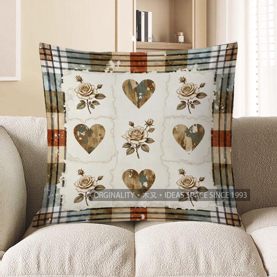 2D Roses & Hearts Decorative Digital Print Pillow Covers Pattern Cushion Cover Suitable For Sofa Bedroom Car Pillow Cover