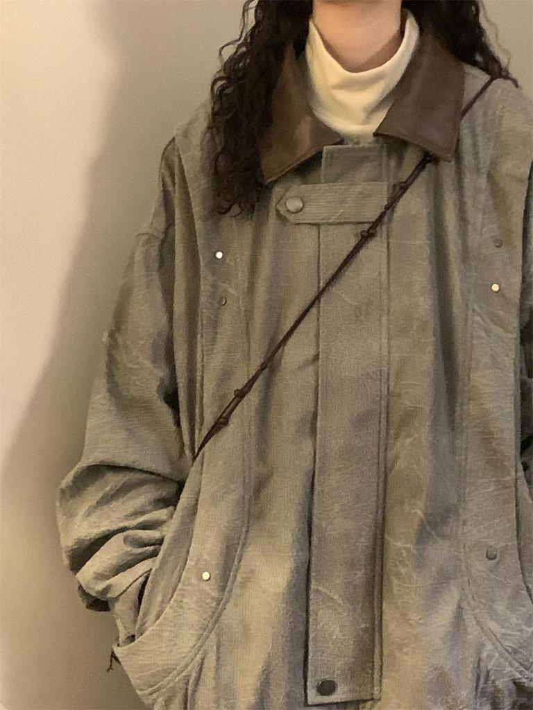 Women's Corduroy Patchwork Jacket - Retro Turn-Down Collar, Distressed High Street Style, 2025 Spring/Autumn Trend