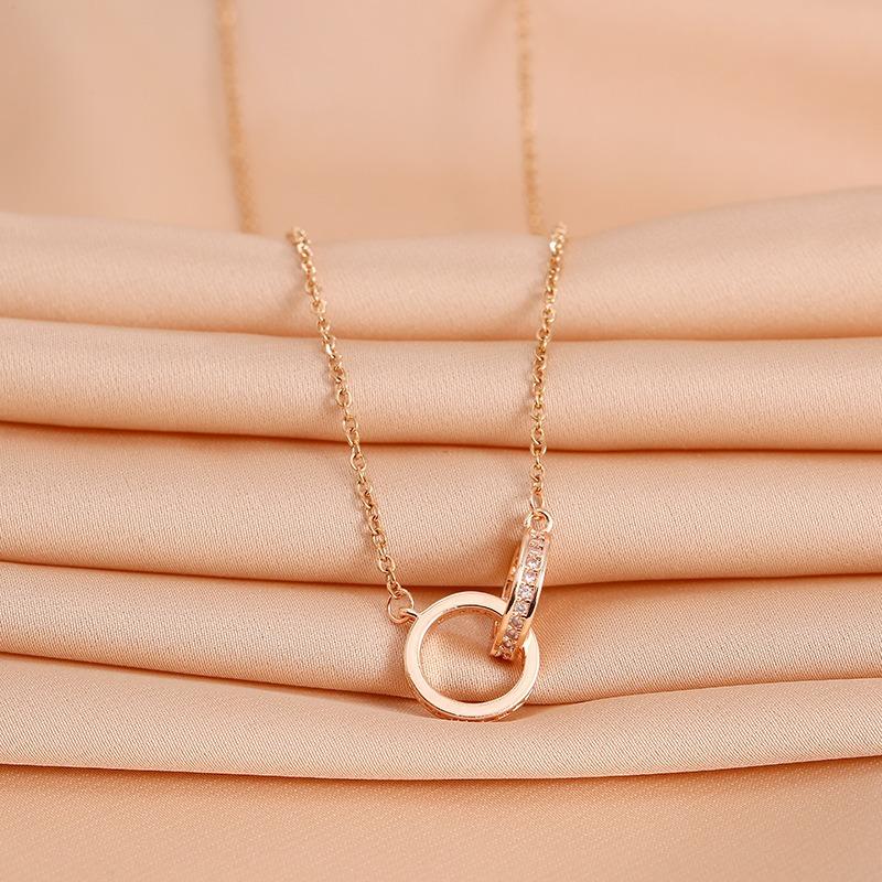 Korean Style Double Ring Full Diamond Titanium Steel Necklace Women Clavicle Chain