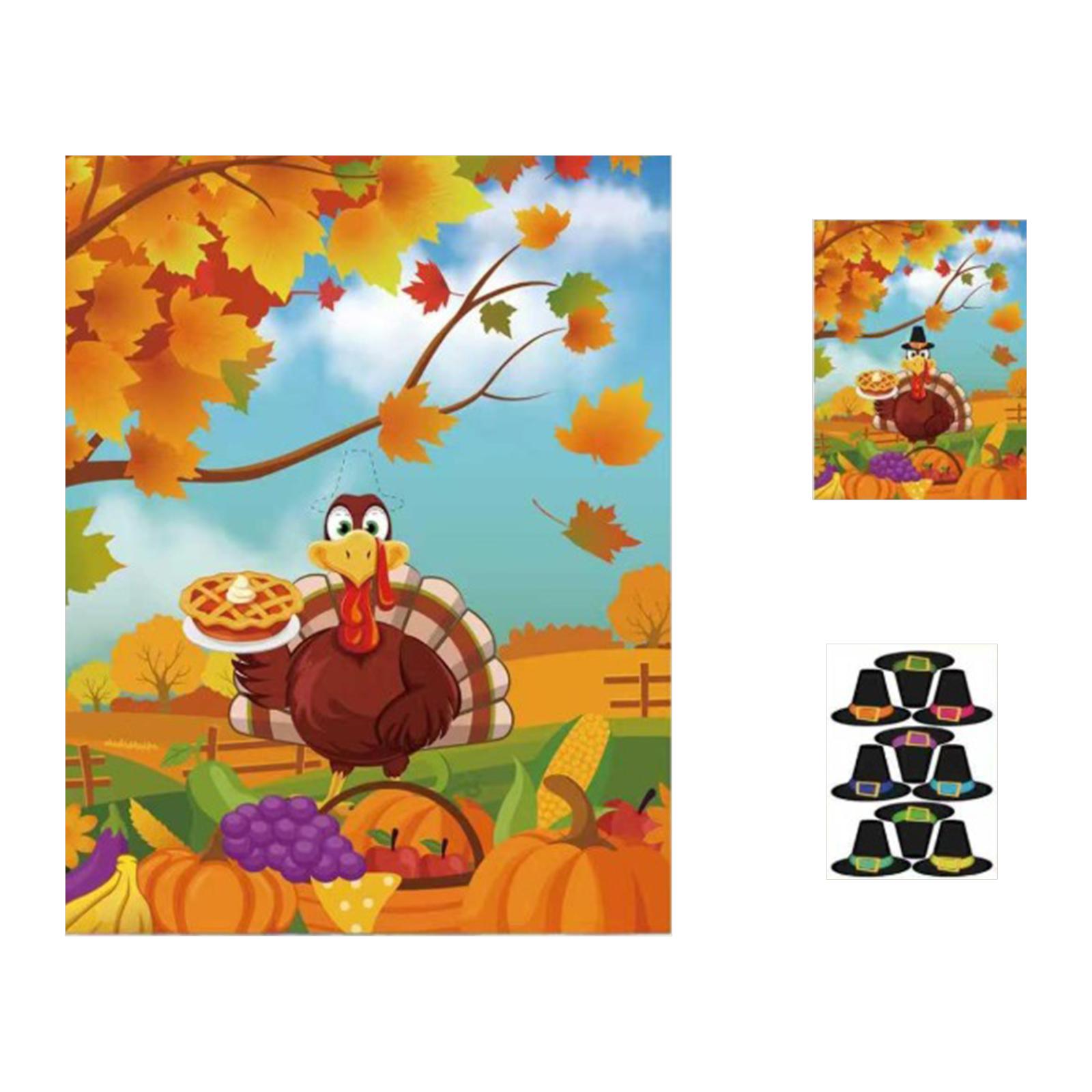 

Thanksgiving Turkey Banner with Cartoon Print and Pilgrim Hat Props for Autumn Harvest Party Indoor Outdoor Decor One Size