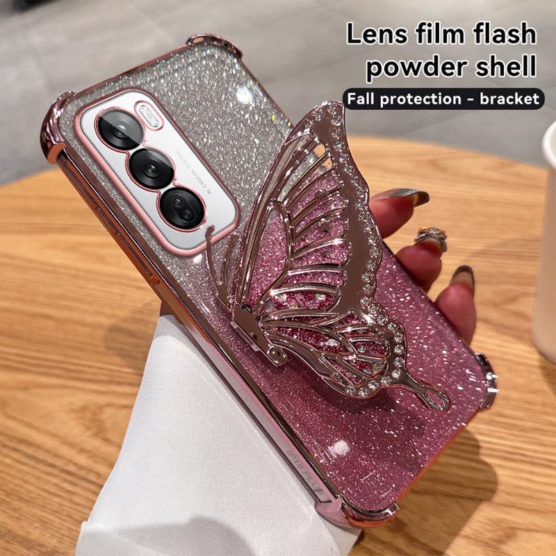 Glitzer Stoßfest Verchromung Treibsand Schmetterling Handyhalter Hülle für OPPO Reno 14 14F 13 13F 12 12F 11 11F 10 Pro Silikonhülle