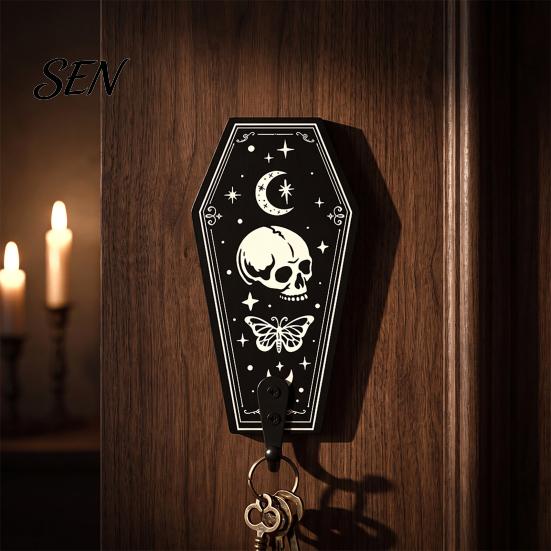 Boho Wall Mounted Rack Halloween Gothic Wooden Hook with Moon Star Skeleton Patterns, Decorative Retro Key Hanger for Entryway Hallway Living