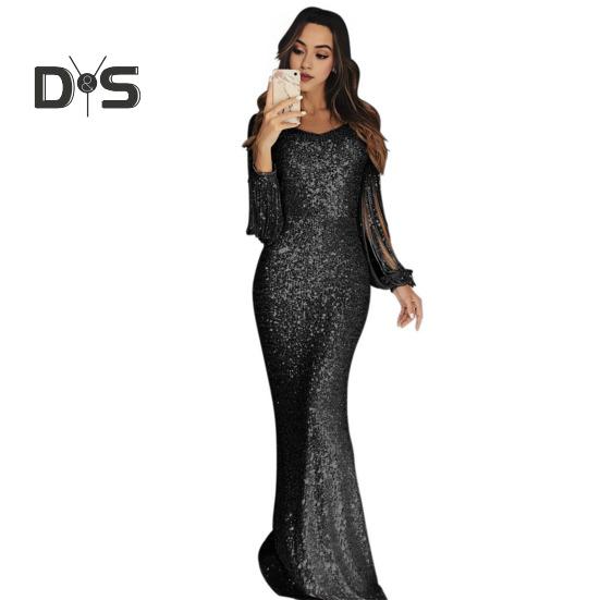 Women Prom Dress Tassel Sleeves Sheath Slim Fit V Neck Solid Color Sequin Fishtail Hem Evening Dress Cocktail Party Maxi Dress