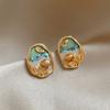 Summer Dripping Oil Lavender Green Freshwater Stud Earrings Leaf Earrings Hong Kong Style Retro Temperament Earrings