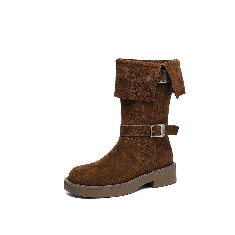 New women's leather boots round head large size women's boots cow anti-velvet square heel round head Martin boots autumn and winter leather medium bo