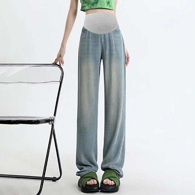 High Waist Maternity Ice Silk Lyocell Tencel Stretch Jeans with Tummy Support XL